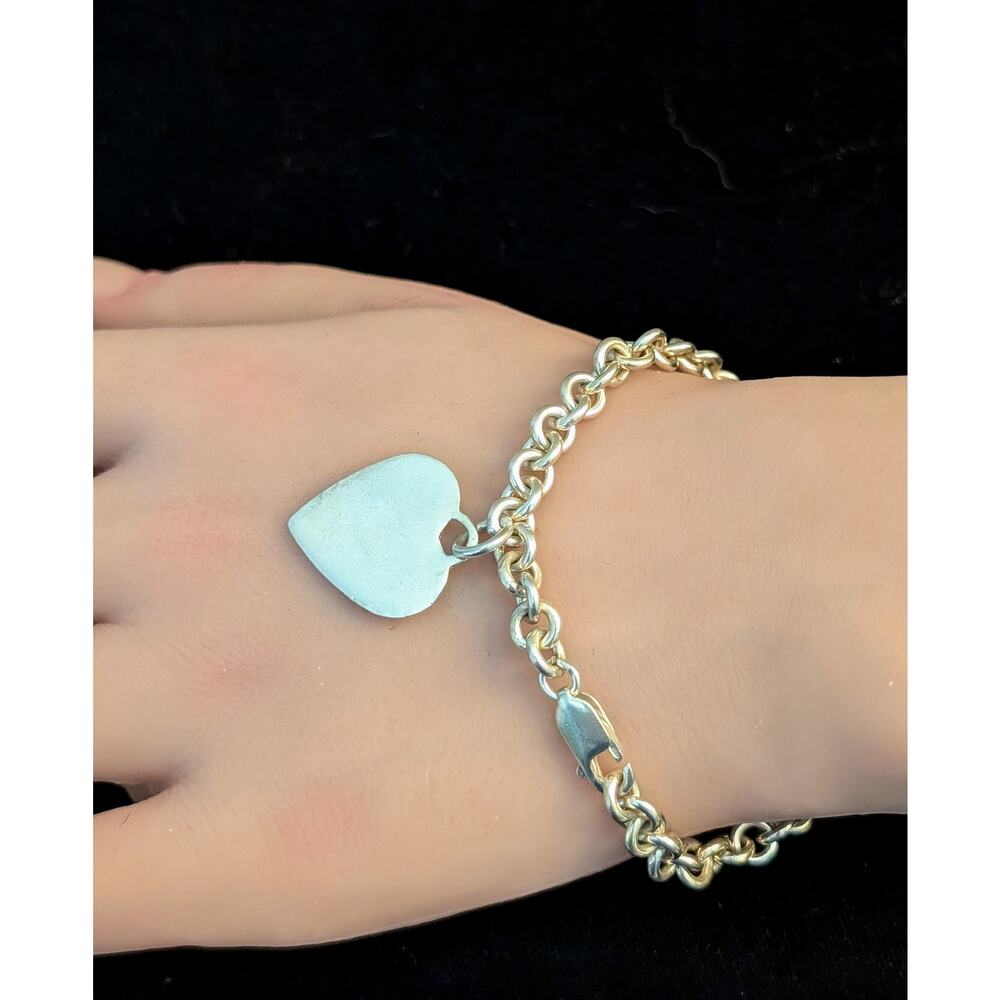 925 Sterling Silver Rolo Chain Link Heart Charm 7.5" Bracelet